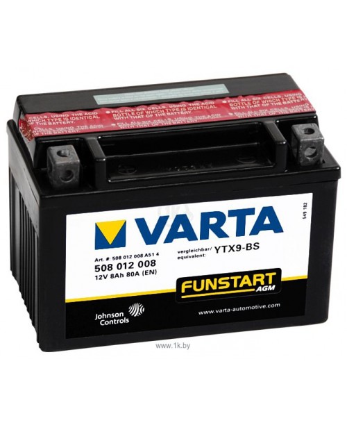 Аккумулятор YTX9-BS VARTA 8Ah, 135CCA, 0,4 LITR ACID, 3 KG ОБЩИЙ ВЕС, 150/87/105  +/-