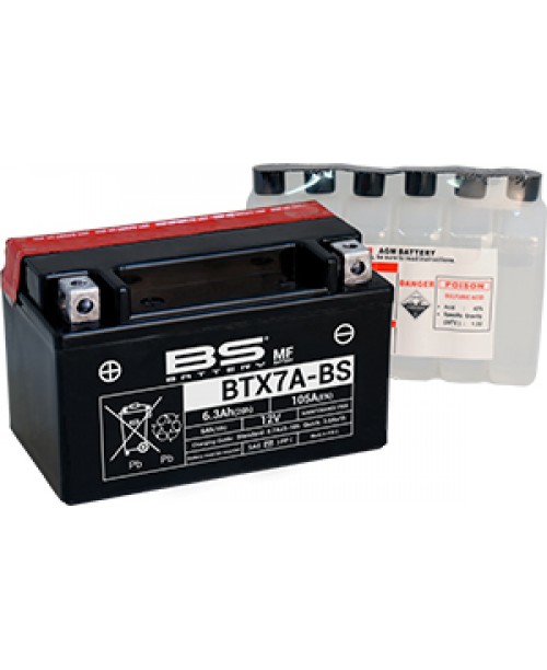 Аккумулятор YTX7A-BS BS BATTERY BS-BTX7A-BS 6Ah, 105CCA, 0,33 LITR ACID, 2,6 KG ОБЩИЙ ВЕС, 150x87x94 +/-